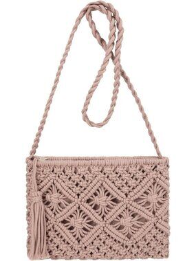 Women's Pink Crochet Shoulder Bag Handmade Woven Beach with Tassel for Summer